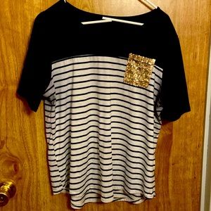 Black and white striped tee with glitter pocket